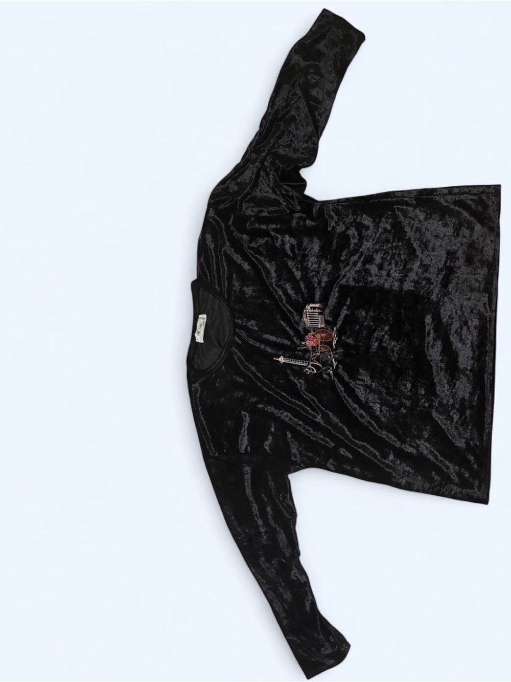 Vintage Black Velvet Long-Sleeve Sweater with Embroidered Detail